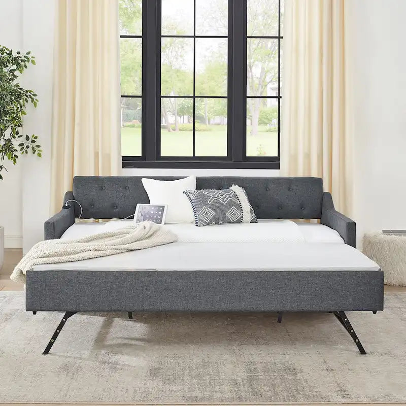 Twin Size Upholstery DayBed with Twin Size Erectable Trundle and USB Charging Design