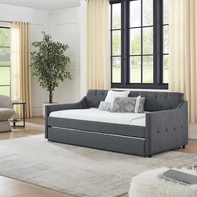 Twin Size Upholstery DayBed with Twin Size Erectable Trundle and USB Charging Design