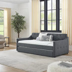 Twin Size Upholstery DayBed with Twin Size Erectable Trundle and USB Charging Design