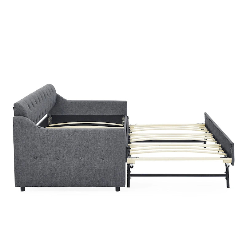 Twin Size Upholstery DayBed with Twin Size Erectable Trundle and USB Charging Design
