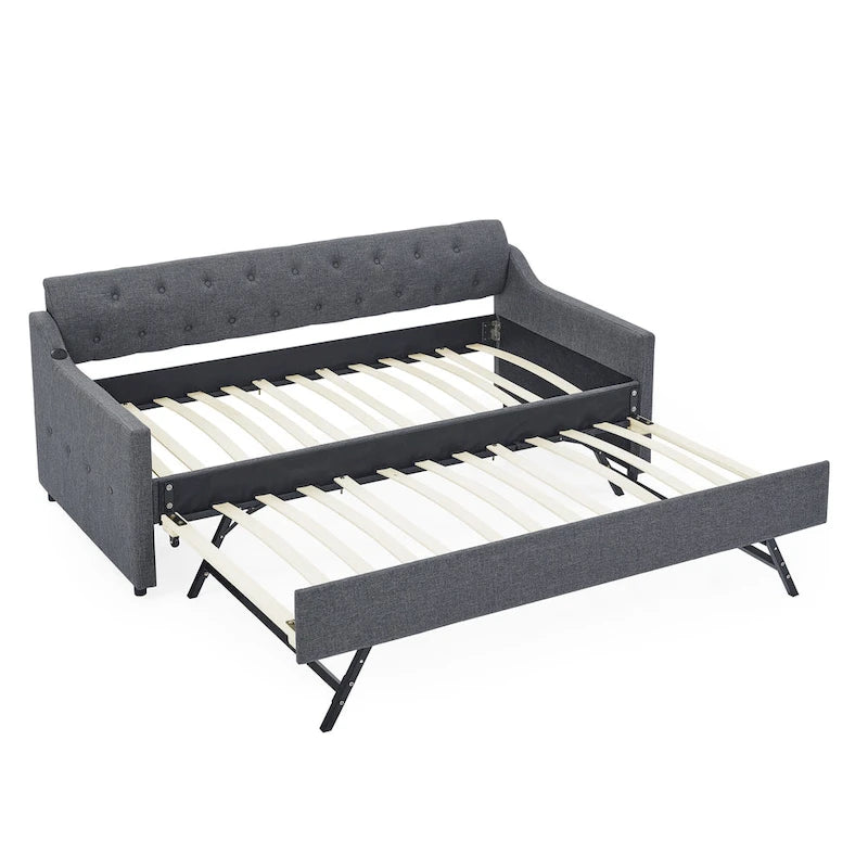 Twin Size Upholstery DayBed with Twin Size Erectable Trundle and USB Charging Design