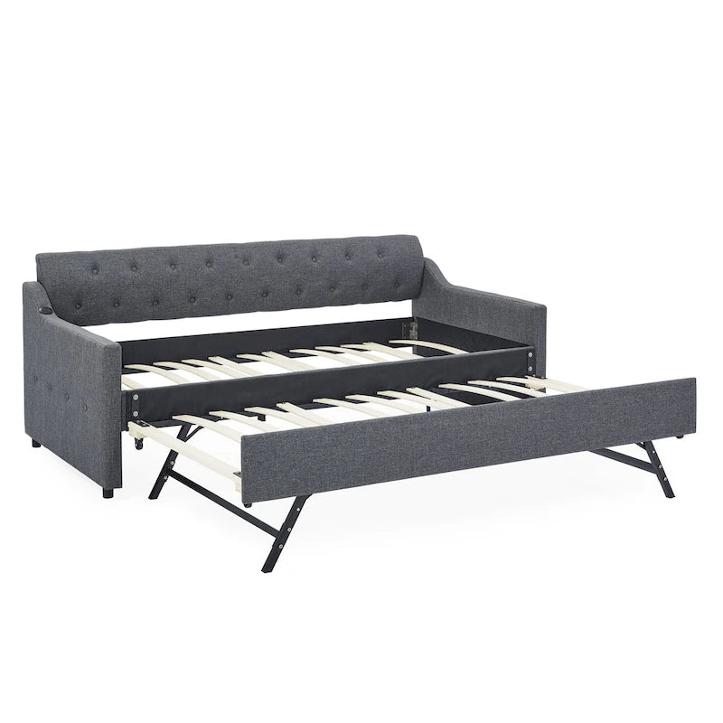 Twin Size Upholstery DayBed with Twin Size Erectable Trundle and USB Charging Design