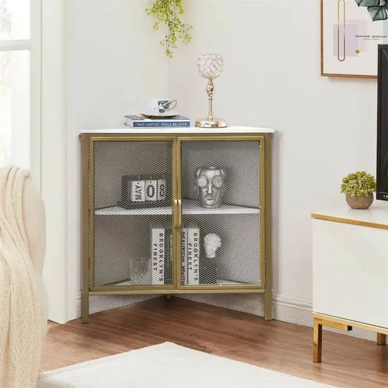 Javlergo Corner Table Modern Triangle 3-tier Storage Shelf with 2 Doors for Living Room Bedroom Office