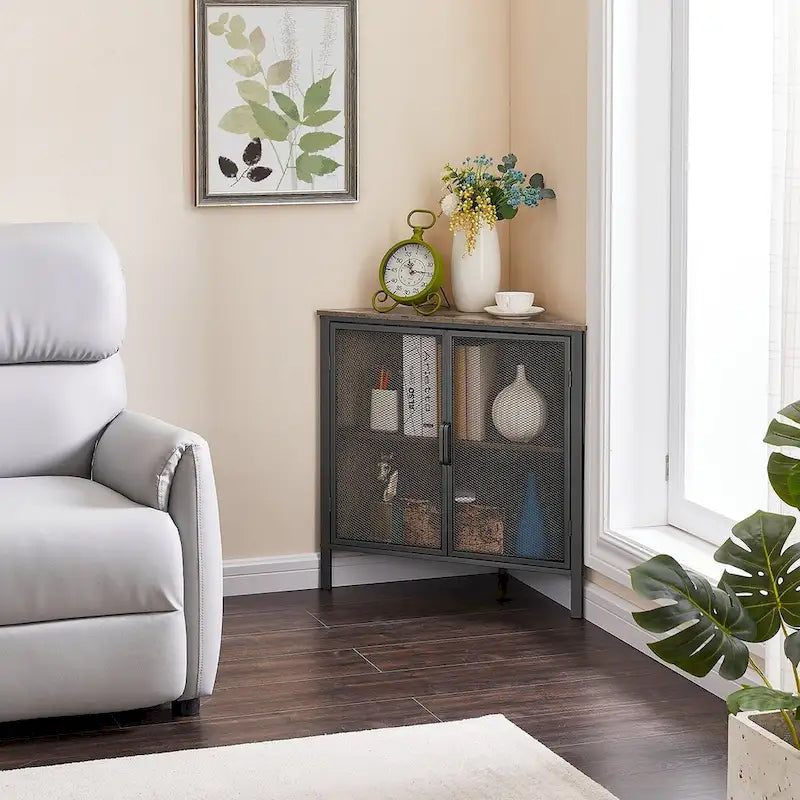 Javlergo Corner Table Modern Triangle 3-tier Storage Shelf with 2 Doors for Living Room Bedroom Office