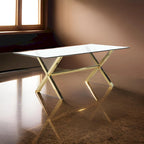 Tia 79 Inch Dining Table, Rectangular Tempered Glass Top, Gold, Clear