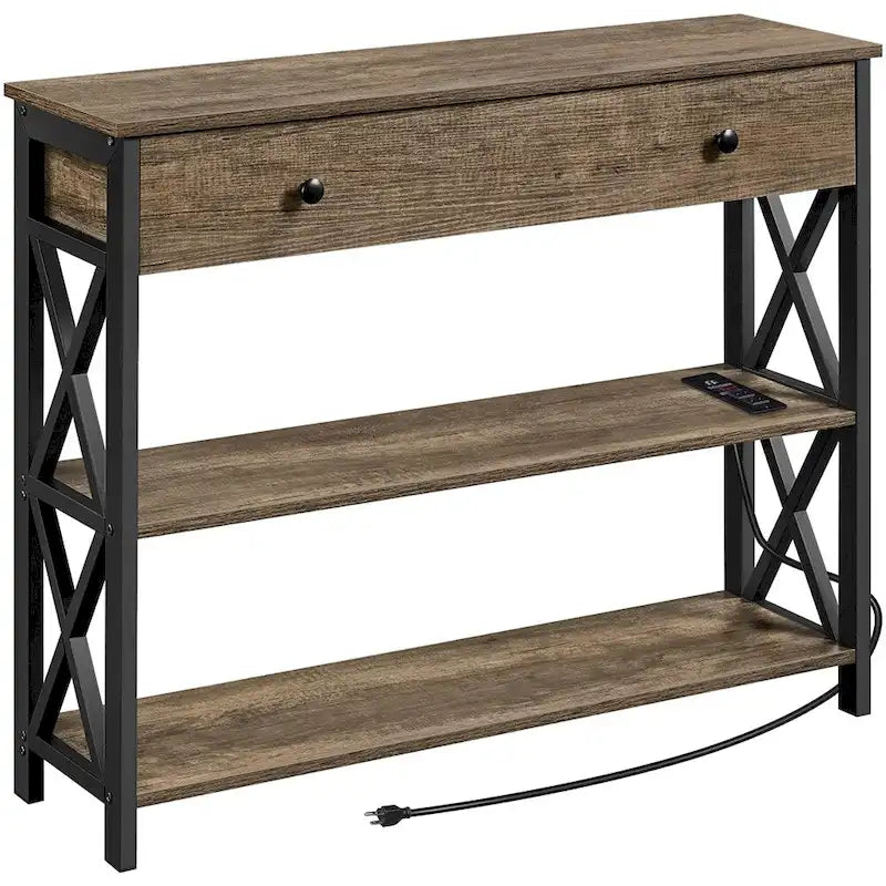 Yaheetech Vintage Wooden Console Table with Power Outlet Sofa Table with 1 Drawer and 2 Open Shelves