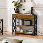 Yaheetech Vintage Wooden Console Table with Power Outlet Sofa Table with 1 Drawer and 2 Open Shelves