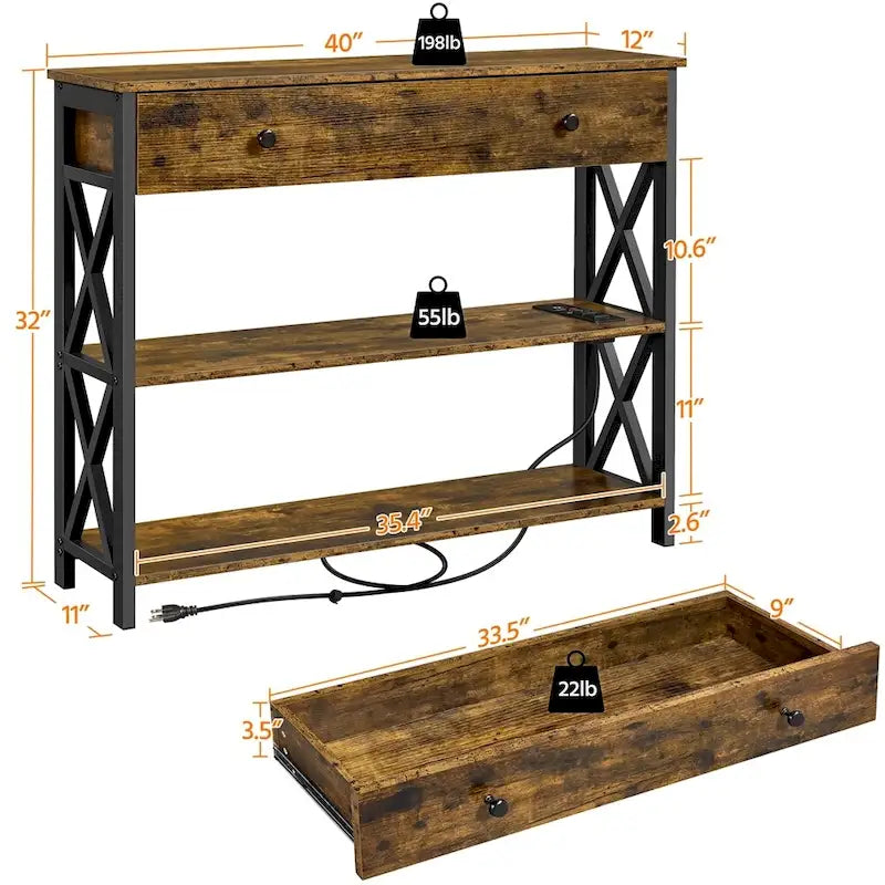 Yaheetech Vintage Wooden Console Table with Power Outlet Sofa Table with 1 Drawer and 2 Open Shelves