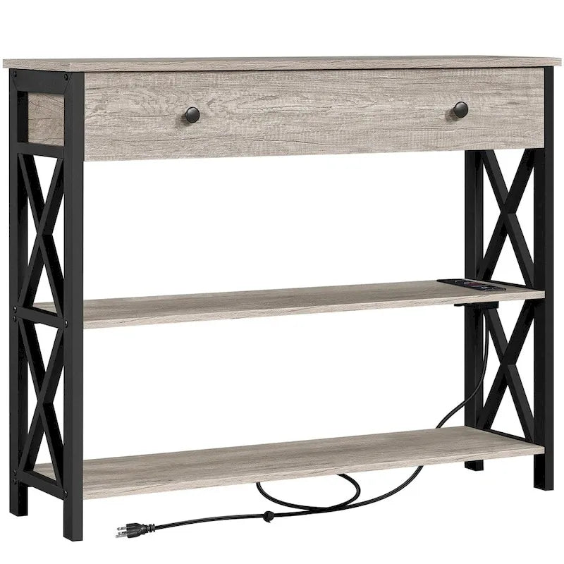 Yaheetech Vintage Wooden Console Table with Power Outlet Sofa Table with 1 Drawer and 2 Open Shelves