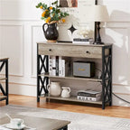 Yaheetech Vintage Wooden Console Table with Power Outlet Sofa Table with 1 Drawer and 2 Open Shelves