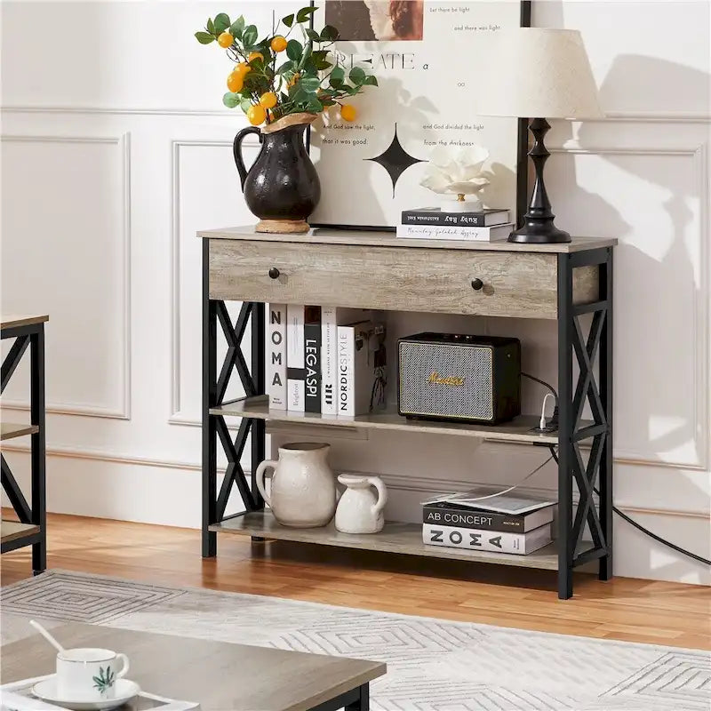 Yaheetech Vintage Wooden Console Table with Power Outlet Sofa Table with 1 Drawer and 2 Open Shelves