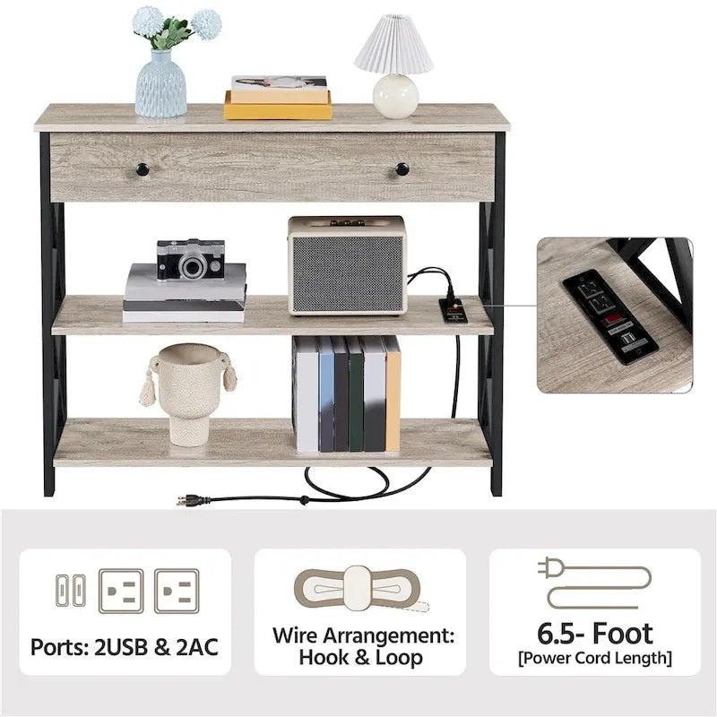 Yaheetech Vintage Wooden Console Table with Power Outlet Sofa Table with 1 Drawer and 2 Open Shelves