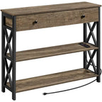 Yaheetech Vintage Wooden Console Table with Power Outlet Sofa Table with 1 Drawer and 2 Open Shelves