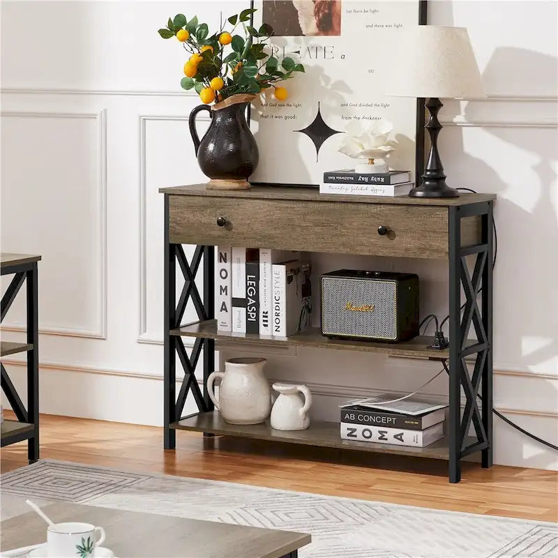 Yaheetech Vintage Wooden Console Table with Power Outlet Sofa Table with 1 Drawer and 2 Open Shelves