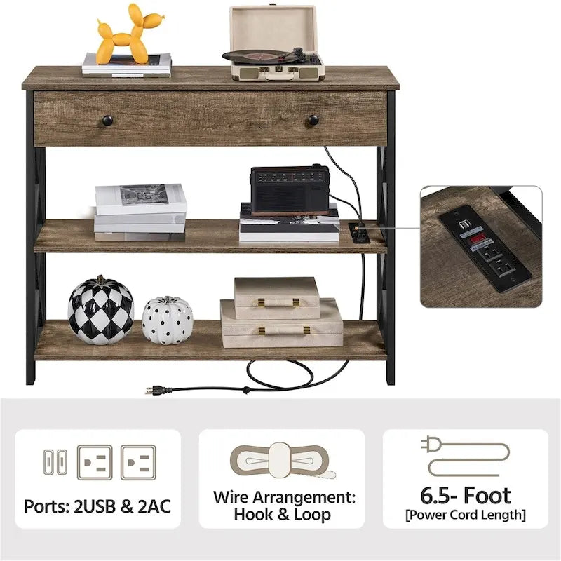 Yaheetech Vintage Wooden Console Table with Power Outlet Sofa Table with 1 Drawer and 2 Open Shelves