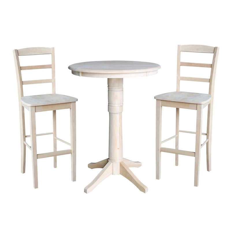 30 Round Top Pedestal Bar Height Table with 2 Madrid Stools - Unfinished - 3 Piece Set