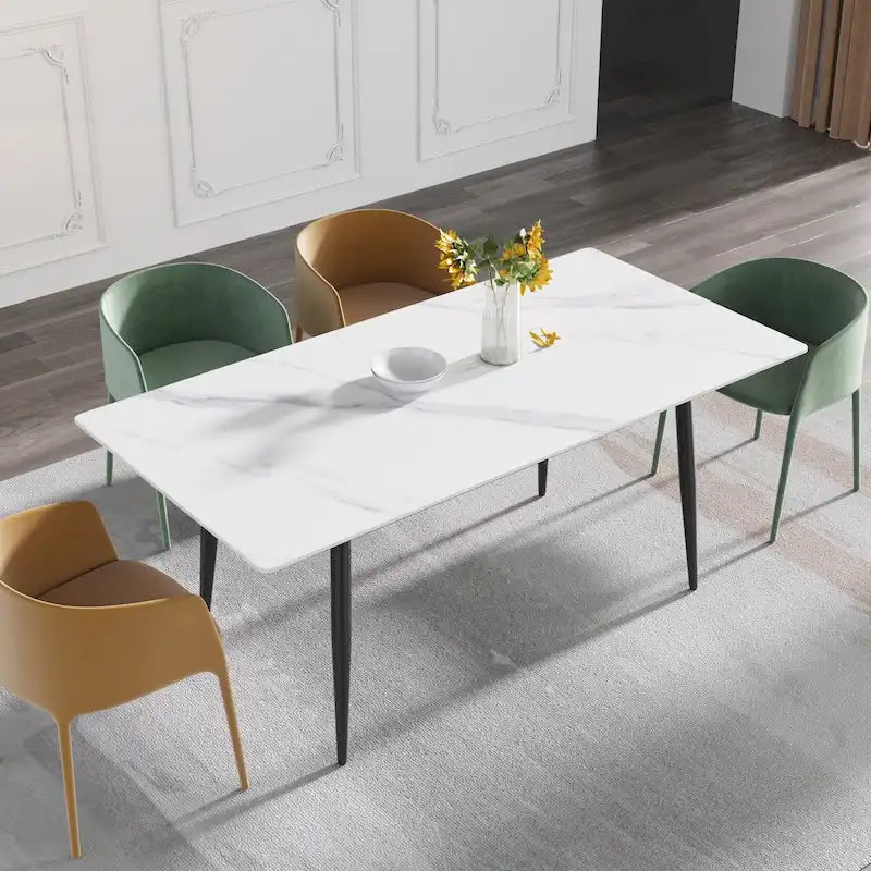 79 Mid-Century Rectangle Marble Dining Table Set for 6-8