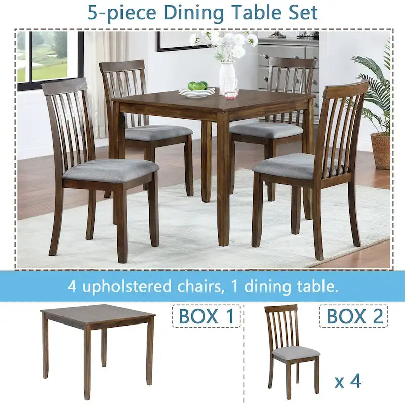 5 Piece Modern Dining Set, Square Wooden Dining Table with 4 Upholstered Chairs for Kitchen, Dining Room
