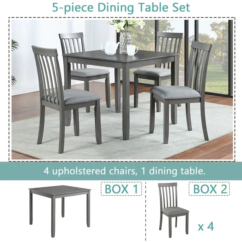 5 Piece Modern Dining Set, Square Wooden Dining Table with 4 Upholstered Chairs for Kitchen, Dining Room