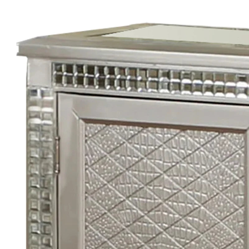 Lin 54 Inch Sideboard Buffet Console, Glass Top, Mirror Accents, Champagne
