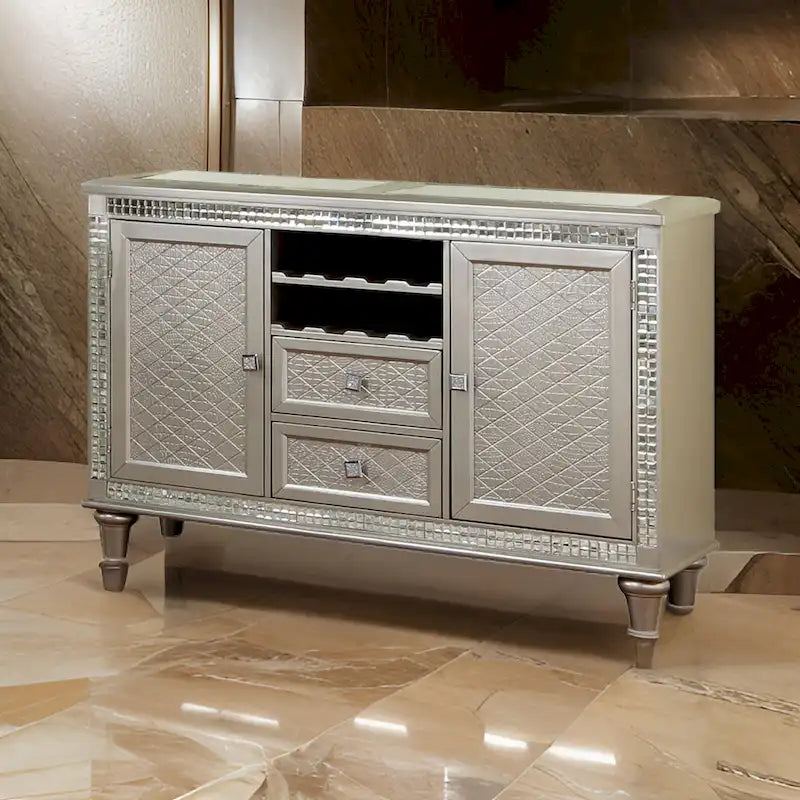 Lin 54 Inch Sideboard Buffet Console, Glass Top, Mirror Accents, Champagne