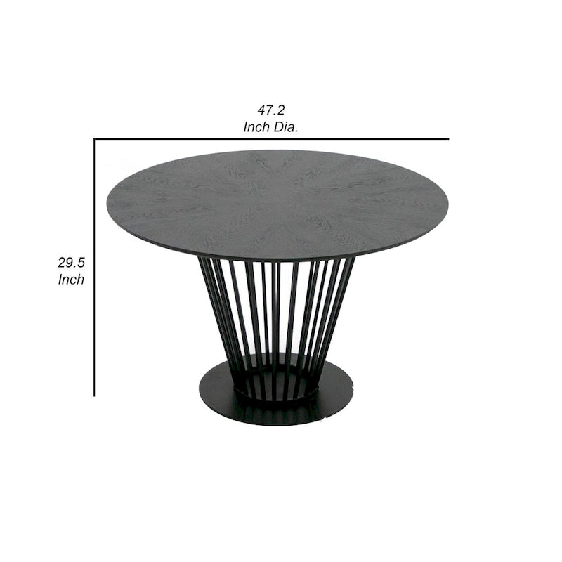 47 Inch Dining Table, Round Top, Modern Black Iron Metal Pedestal Base