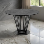 47 Inch Dining Table, Round Top, Modern Black Iron Metal Pedestal Base