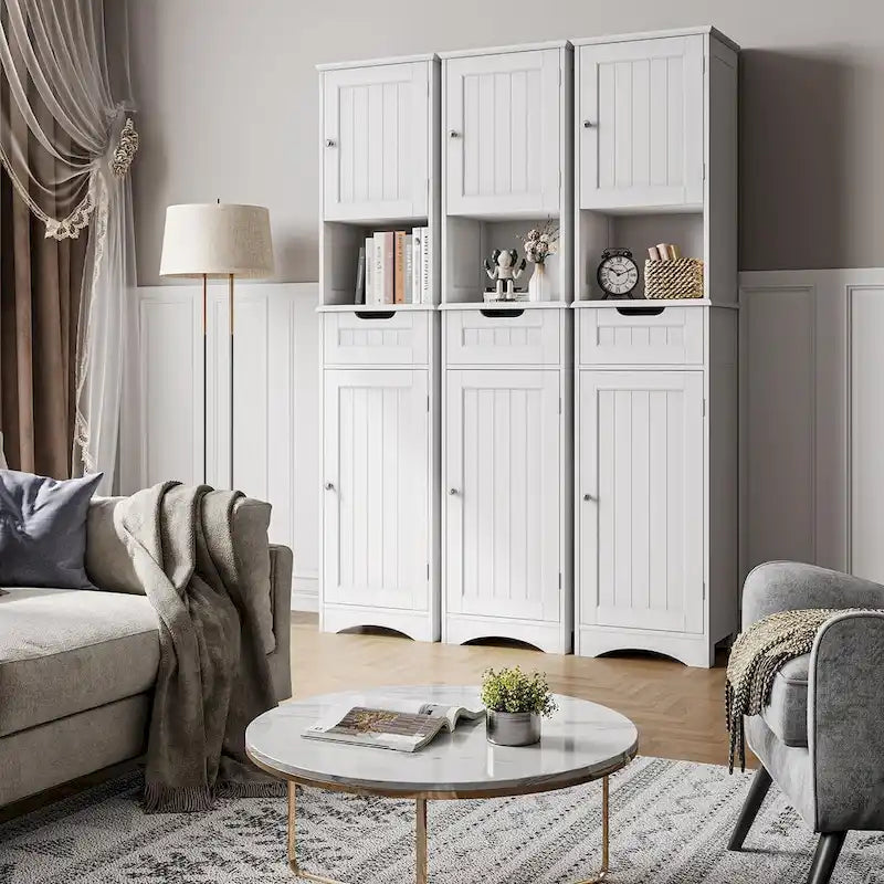 Freestanding Narrow Tall Bathroom Storage Cabinet with Adjustable Shelves, Door and Open Shelves