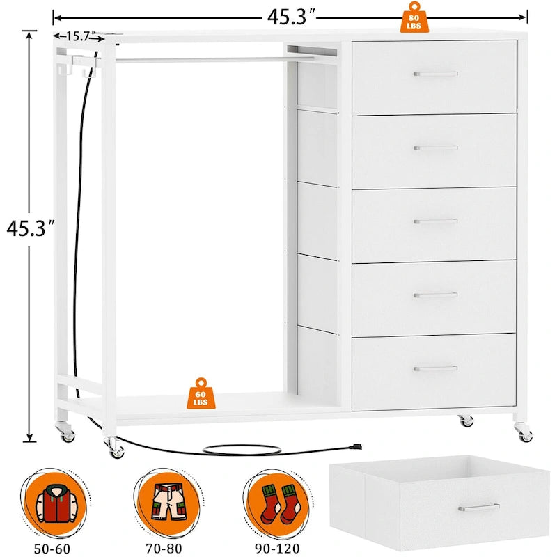 Rollway Dresser with Charge Station and LED Light,Chest With Drawers for Kids Room