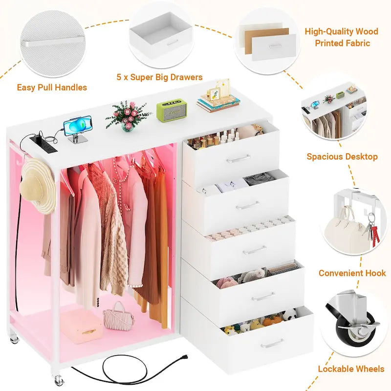 Rollway Dresser with Charge Station and LED Light,Chest With Drawers for Kids Room