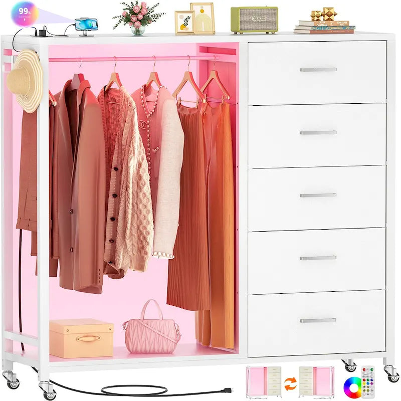 Rollway Dresser with Charge Station and LED Light,Chest With Drawers for Kids Room