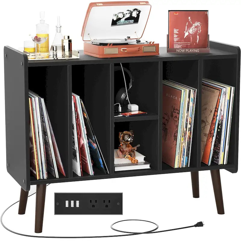 Record Player Stand with Power Outlet and USB Ports, Vinyl Record Storage Table,Vinyl Holder Display Shelf