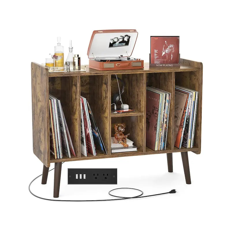 Record Player Stand with Power Outlet and USB Ports, Vinyl Record Storage Table,Vinyl Holder Display Shelf