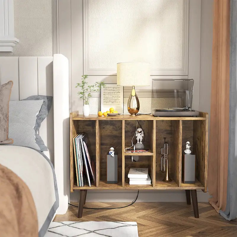 Record Player Stand with Power Outlet and USB Ports, Vinyl Record Storage Table,Vinyl Holder Display Shelf