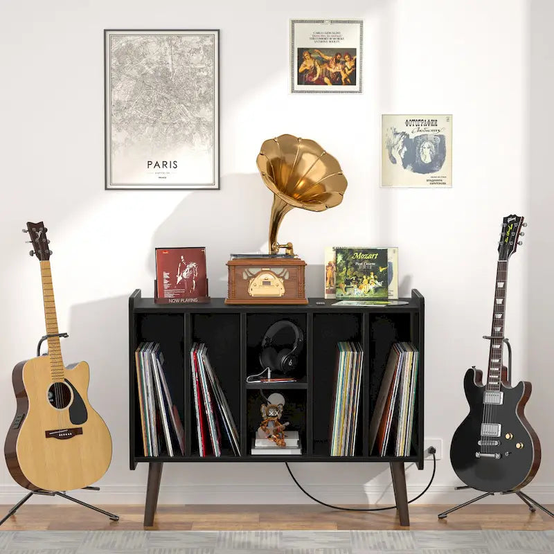 Record Player Stand with Power Outlet and USB Ports, Vinyl Record Storage Table,Vinyl Holder Display Shelf