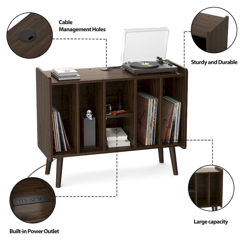 Record Player Stand with Power Outlet and USB Ports, Vinyl Record Storage Table,Vinyl Holder Display Shelf