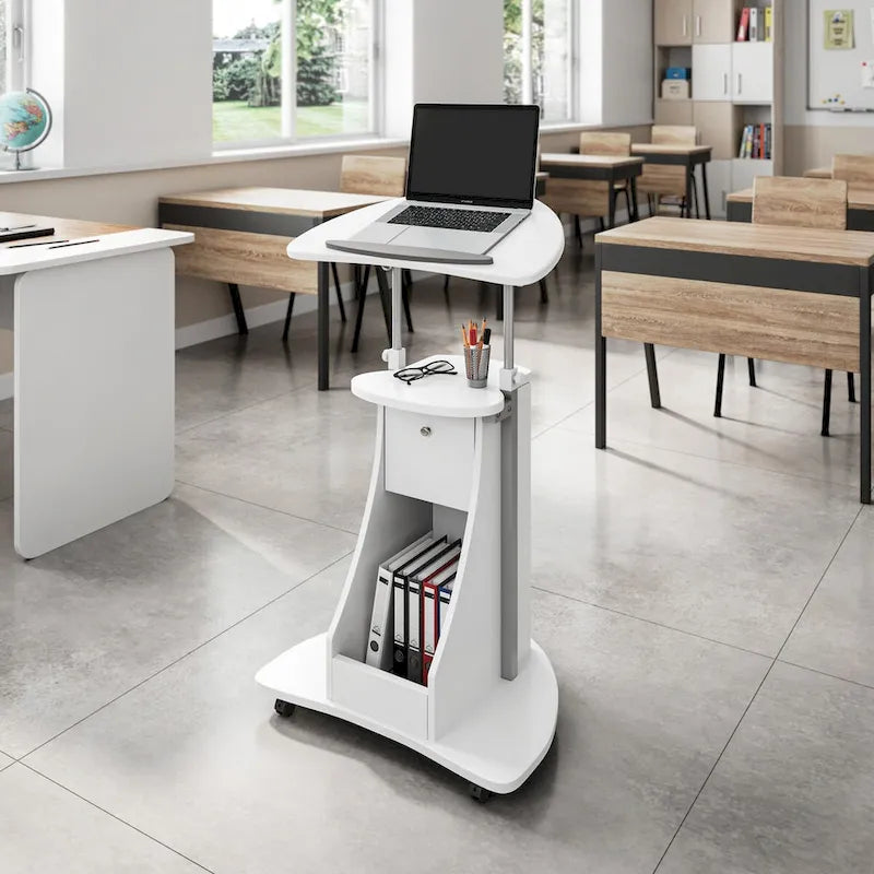 White Sit-to-Stand Adjustable Rolling Laptop Cart with Storage