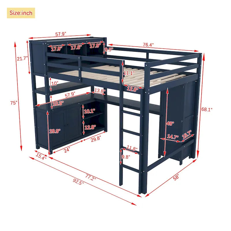 Wood Loft Bed with Cabinet and Bookshelf, Full Size Loft with Wardrobe and Desk for Kids