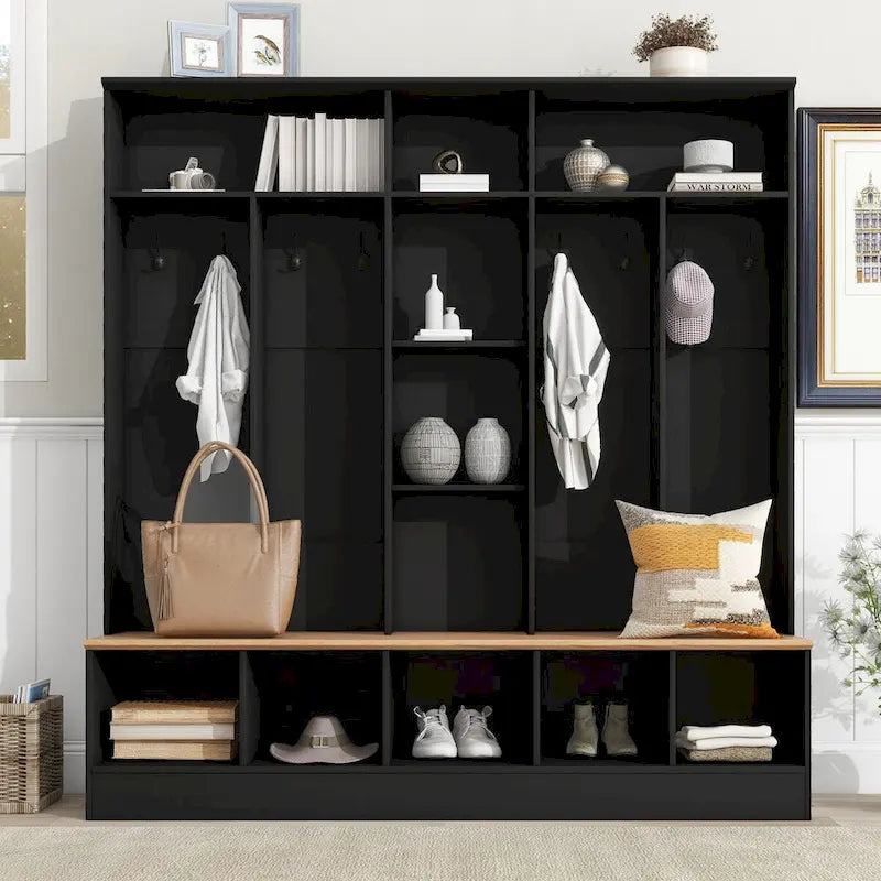 Wide Design Hall Tree with Storage Bench,Multifunctional Coat Rack with 8 Hooks for Entryways, Mudroom