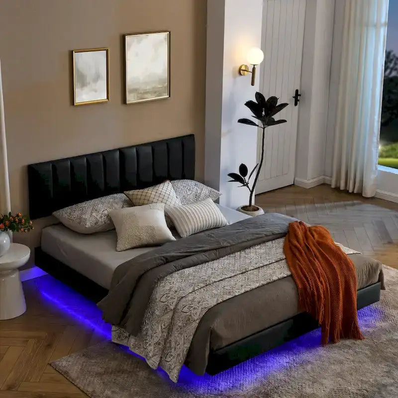 Floating Bed Frame With Led Lights And Wall Mounted Headboard
