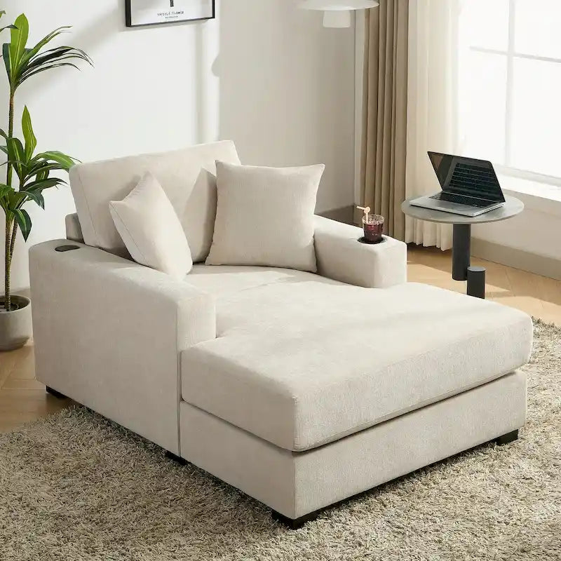 43.5 Chenille Fabric Chaise Lounger Sofa Couch with Pillows, Charge Station & Cup Holders