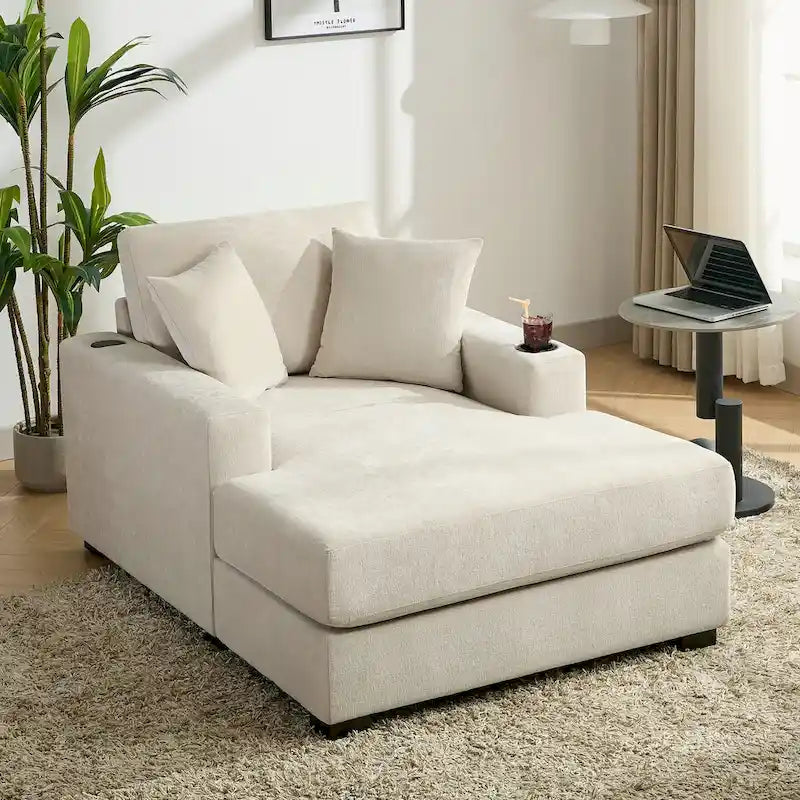 43.5 Chenille Fabric Chaise Lounger Sofa Couch with Pillows, Charge Station & Cup Holders