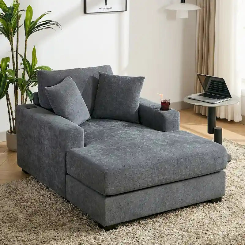 43.5 Chenille Fabric Chaise Lounger Sofa Couch with Pillows, Charge Station & Cup Holders