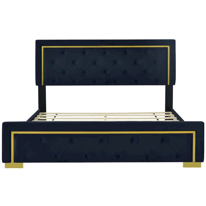 Queen Size Upholstered Platform Bed With Pull Point Headboard