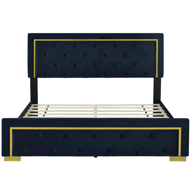 Queen Size Upholstered Platform Bed With Pull Point Headboard