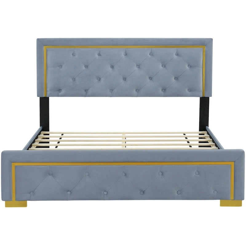 Queen Size Upholstered Platform Bed With Pull Point Headboard